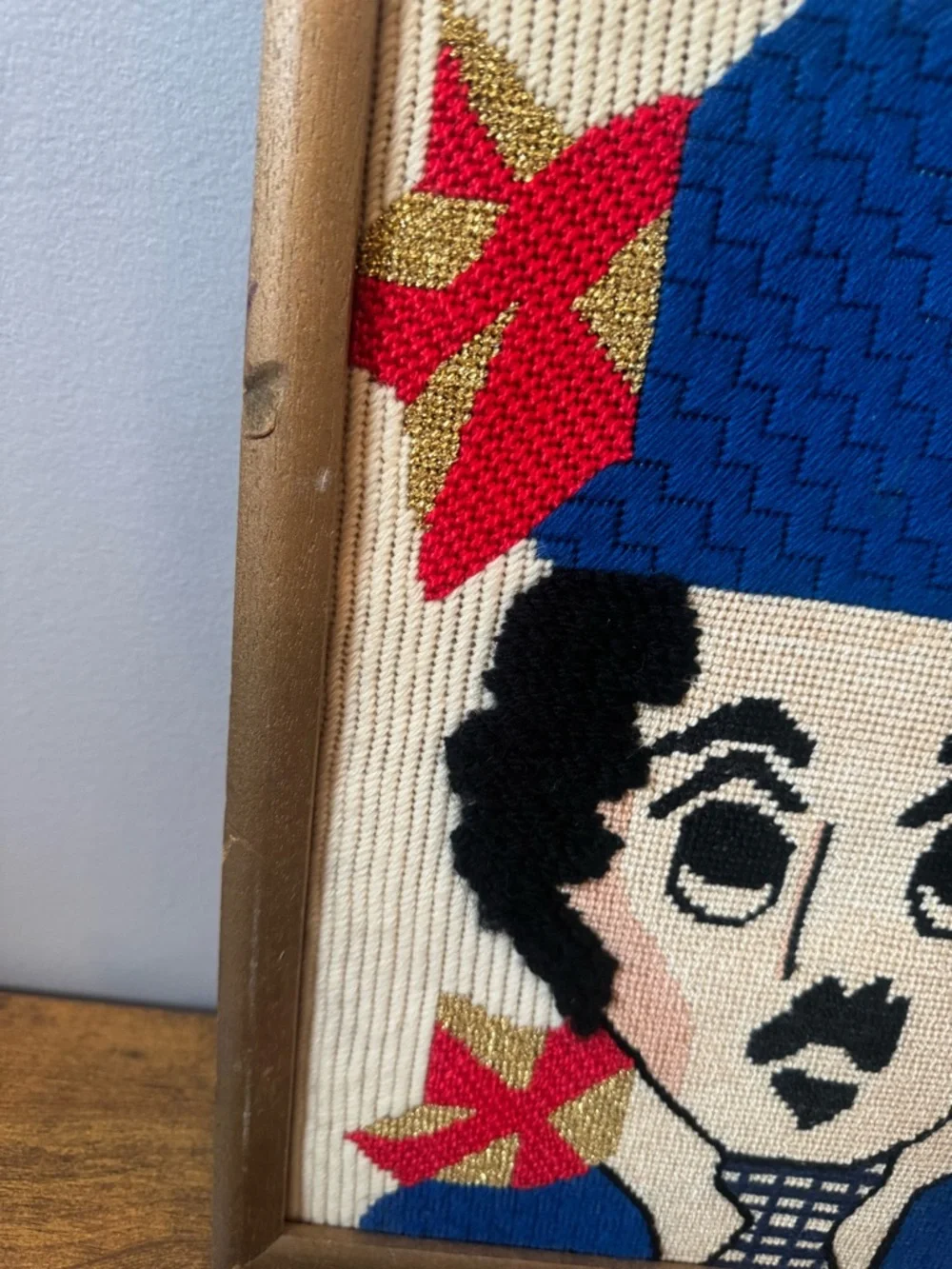 Vintage Charlie Chaplin Needlepoint Framed Art Textured Yarn Gold Red Blue‎